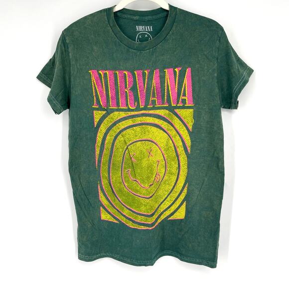 Officially Licensed Nirvana Smiley Face Tee Green Acid Wash Small - Picture 1 of 5